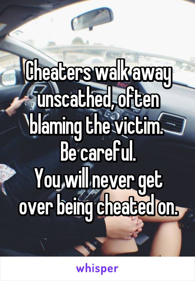 Cheaters walk away unscathed, often blaming the victim. 
Be careful.
You will never get over being cheated on.