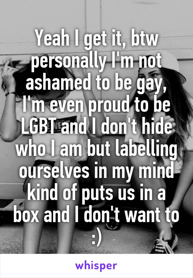 Yeah I get it, btw personally I'm not ashamed to be gay, I'm even proud to be LGBT and I don't hide who I am but labelling ourselves in my mind kind of puts us in a box and I don't want to :)