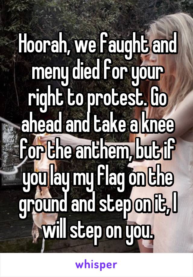 Hoorah, we faught and meny died for your right to protest. Go ahead and take a knee for the anthem, but if you lay my flag on the ground and step on it, I will step on you.