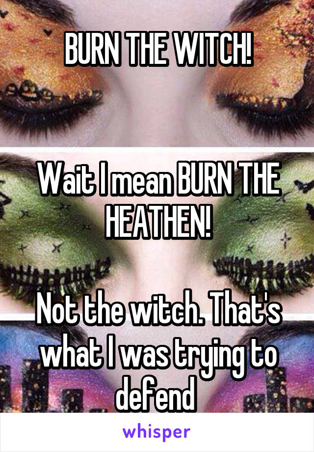 BURN THE WITCH!


Wait I mean BURN THE HEATHEN!

Not the witch. That's what I was trying to defend 