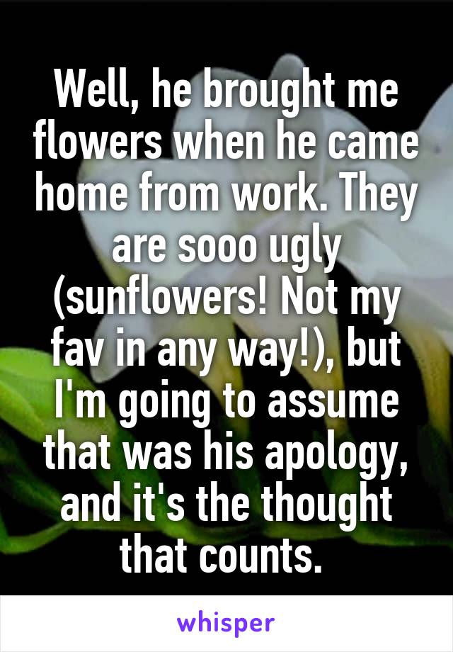Well, he brought me flowers when he came home from work. They are sooo ugly (sunflowers! Not my fav in any way!), but I'm going to assume that was his apology, and it's the thought that counts. 