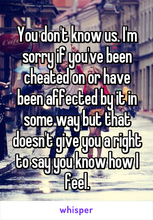 You don't know us. I'm sorry if you've been cheated on or have been affected by it in some way but that doesn't give you a right to say you know how I feel.