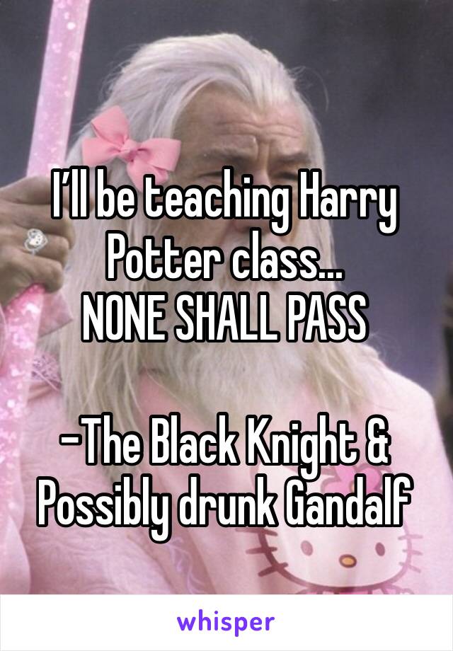 
I’ll be teaching Harry Potter class...
NONE SHALL PASS

-The Black Knight &
Possibly drunk Gandalf