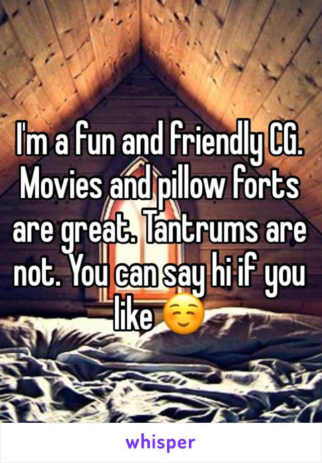 I'm a fun and friendly CG. Movies and pillow forts are great. Tantrums are not. You can say hi if you like ☺️