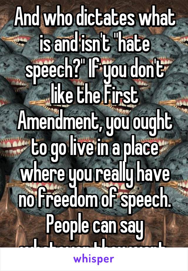 And who dictates what is and isn't "hate speech?" If you don't like the First Amendment, you ought to go live in a place where you really have no freedom of speech. People can say whatever they want.