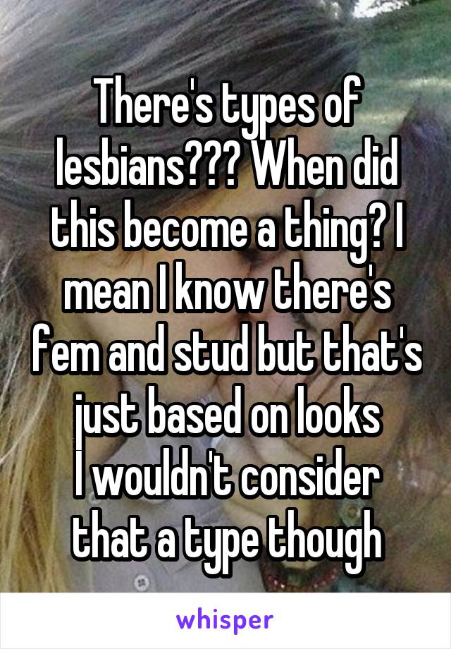 There's types of lesbians??? When did this become a thing? I mean I know there's fem and stud but that's just based on looks
I wouldn't consider that a type though
