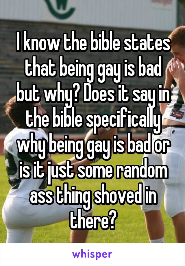 I know the bible states that being gay is bad but why? Does it say in the bible specifically why being gay is bad or is it just some random ass thing shoved in there?
