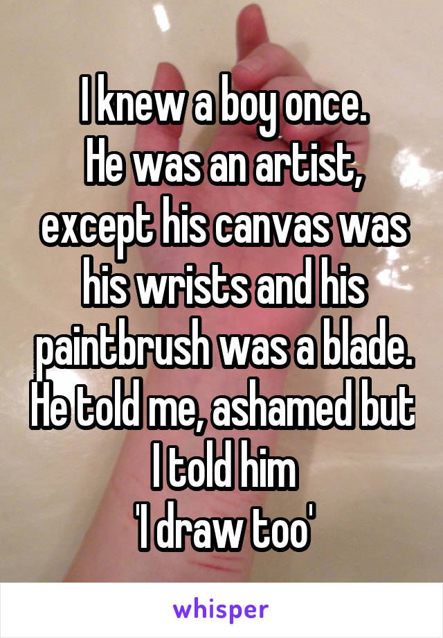I knew a boy once.
He was an artist,
except his canvas was his wrists and his paintbrush was a blade. He told me, ashamed but I told him
'I draw too'
