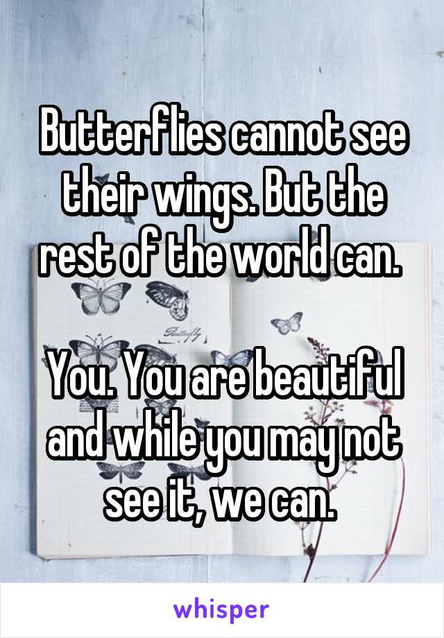 Butterflies cannot see their wings. But the rest of the world can. 

You. You are beautiful and while you may not see it, we can. 