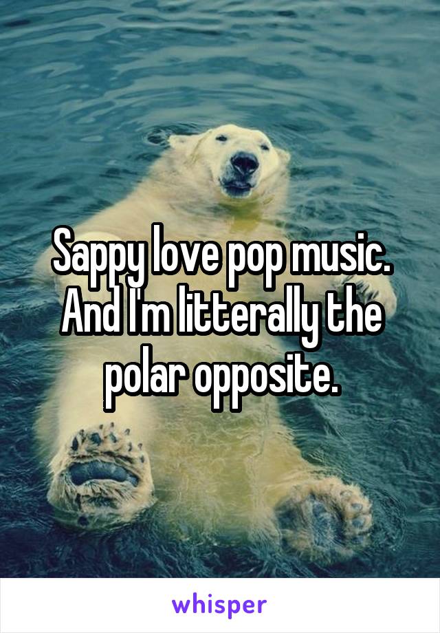 Sappy love pop music. And I'm litterally the polar opposite.