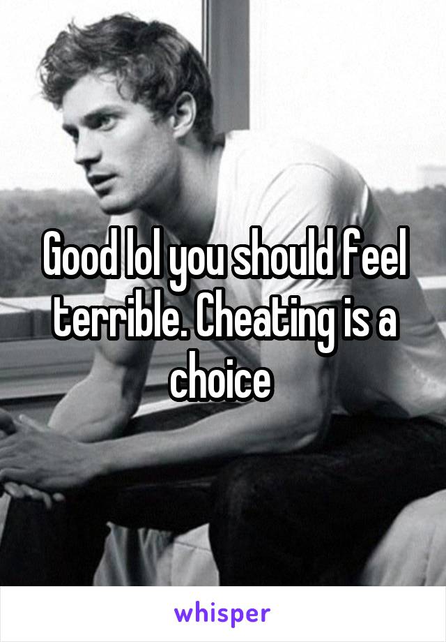 Good lol you should feel terrible. Cheating is a choice 