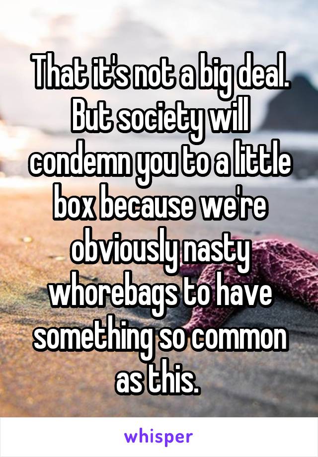That it's not a big deal. But society will condemn you to a little box because we're obviously nasty whorebags to have something so common as this. 