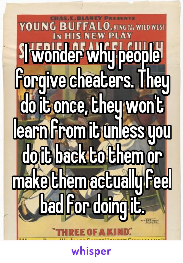 I wonder why people forgive cheaters. They do it once, they won't learn from it unless you do it back to them or make them actually feel bad for doing it.