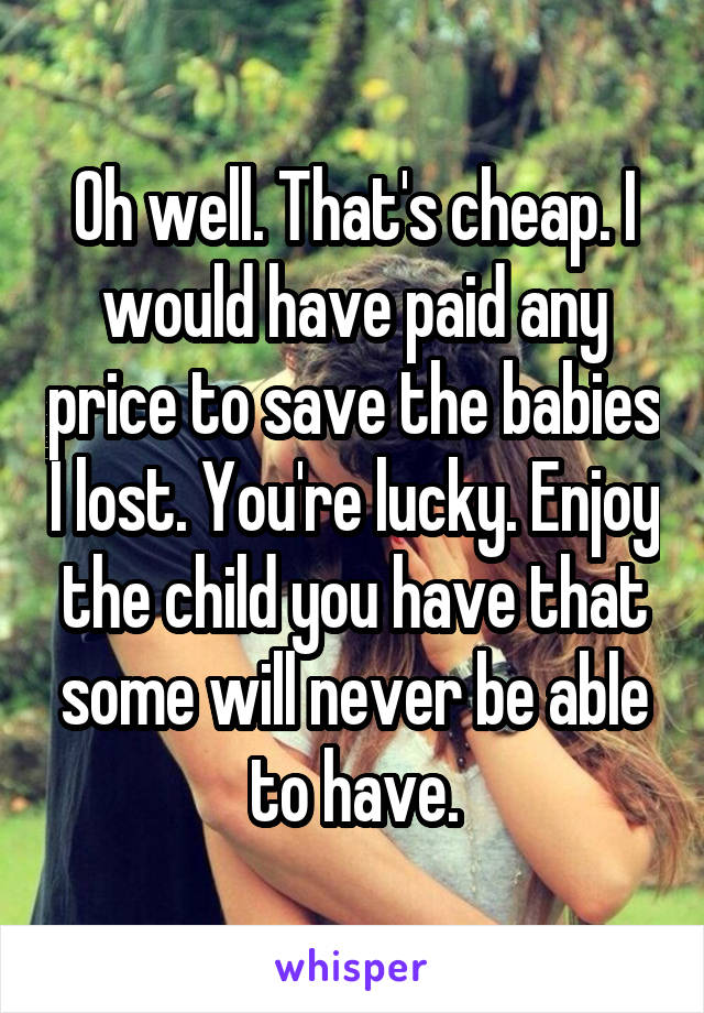 Oh well. That's cheap. I would have paid any price to save the babies I lost. You're lucky. Enjoy the child you have that some will never be able to have.