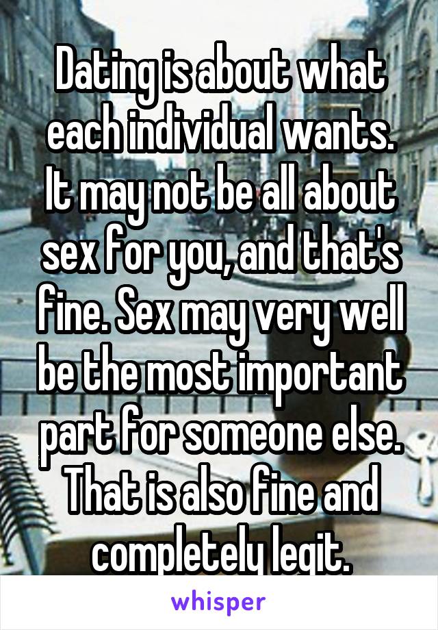Dating is about what each individual wants.
It may not be all about sex for you, and that's fine. Sex may very well be the most important part for someone else. That is also fine and completely legit.