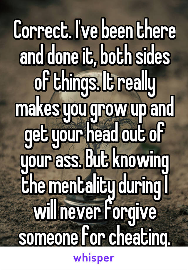 Correct. I've been there and done it, both sides of things. It really makes you grow up and get your head out of your ass. But knowing the mentality during I will never forgive someone for cheating.