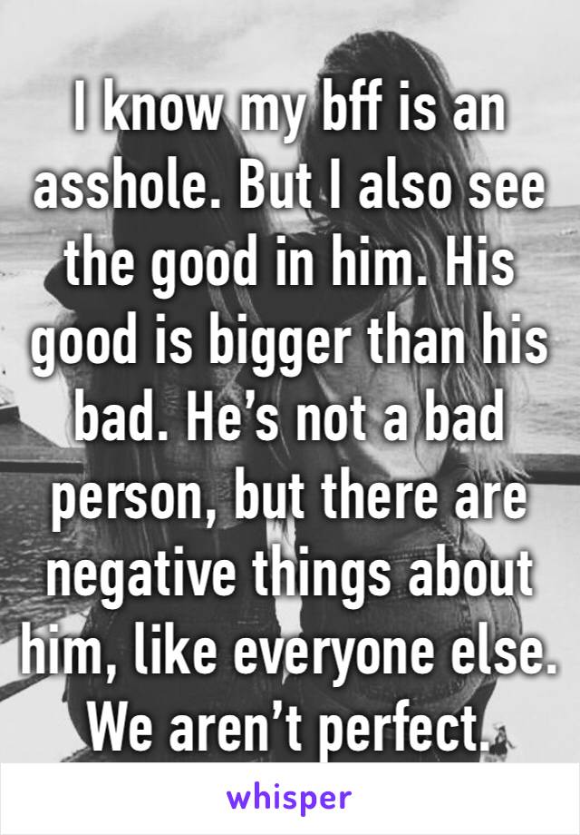 I know my bff is an asshole. But I also see the good in him. His good is bigger than his bad. He’s not a bad person, but there are negative things about him, like everyone else. We aren’t perfect. 
