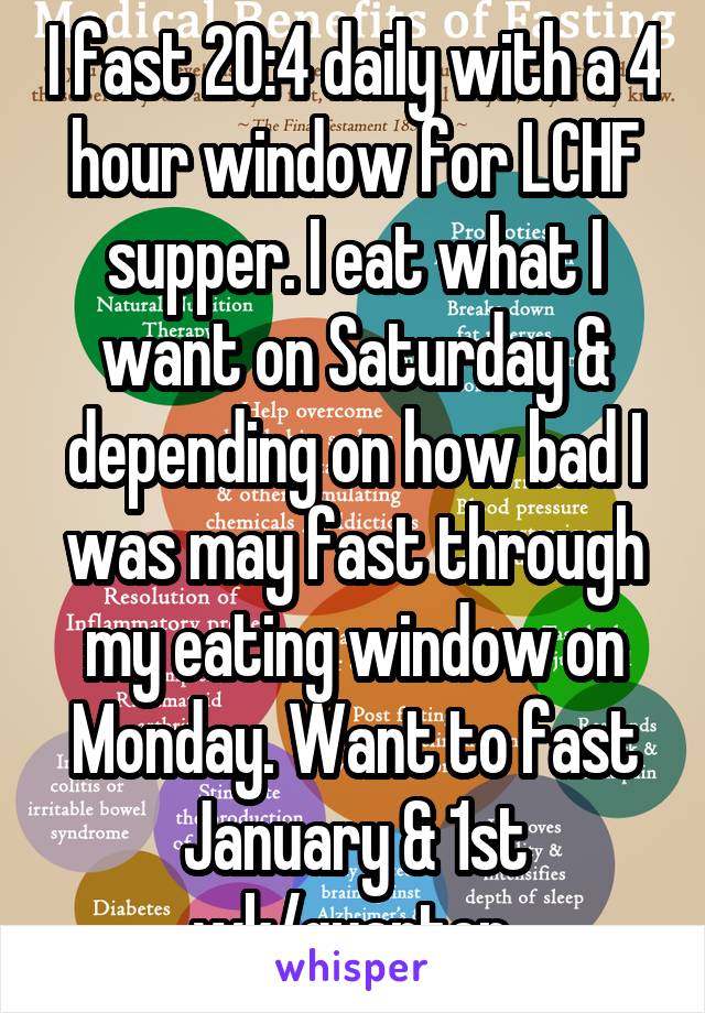 I fast 20:4 daily with a 4 hour window for LCHF supper. I eat what I want on Saturday & depending on how bad I was may fast through my eating window on Monday. Want to fast January & 1st wk/quarter.
