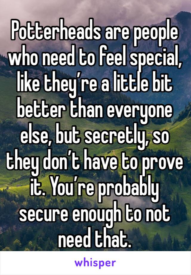 Potterheads are people who need to feel special, like they’re a little bit better than everyone else, but secretly, so they don’t have to prove it. You’re probably secure enough to not need that.