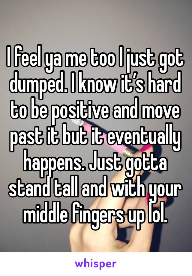 I feel ya me too I just got dumped. I know it’s hard to be positive and move past it but it eventually happens. Just gotta stand tall and with your middle fingers up lol. 