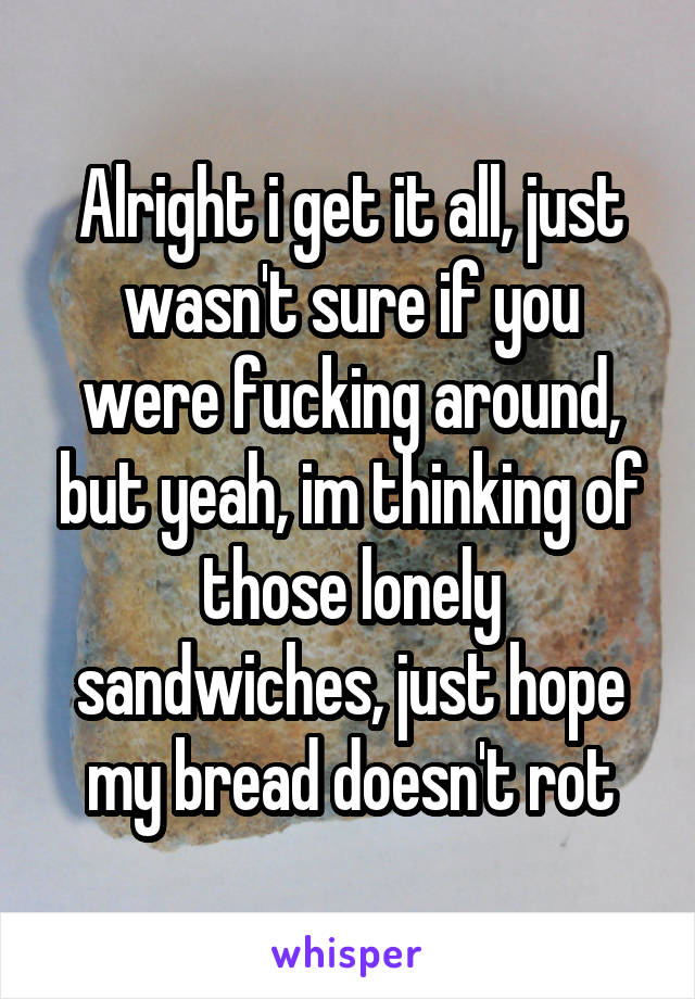 Alright i get it all, just wasn't sure if you were fucking around, but yeah, im thinking of those lonely sandwiches, just hope my bread doesn't rot