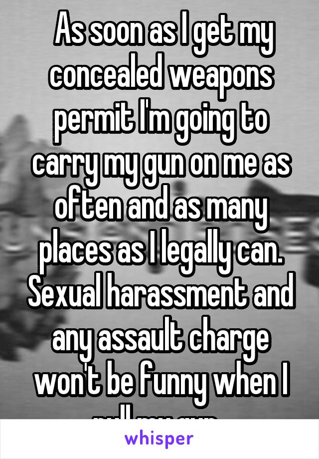  As soon as I get my concealed weapons permit I'm going to carry my gun on me as often and as many places as I legally can. Sexual harassment and any assault charge won't be funny when I pull my gun. 