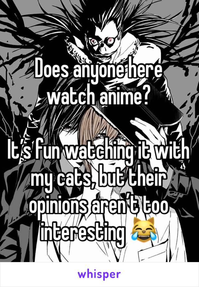 Does anyone here watch anime?

It’s fun watching it with my cats, but their opinions aren’t too interesting 😹