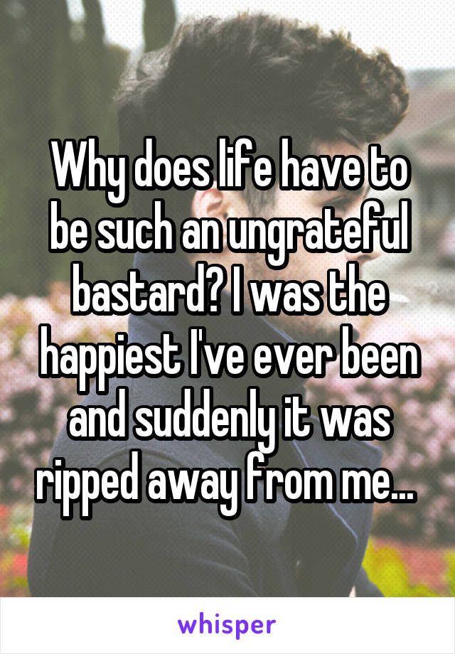 Why does life have to be such an ungrateful bastard? I was the happiest I've ever been and suddenly it was ripped away from me... 