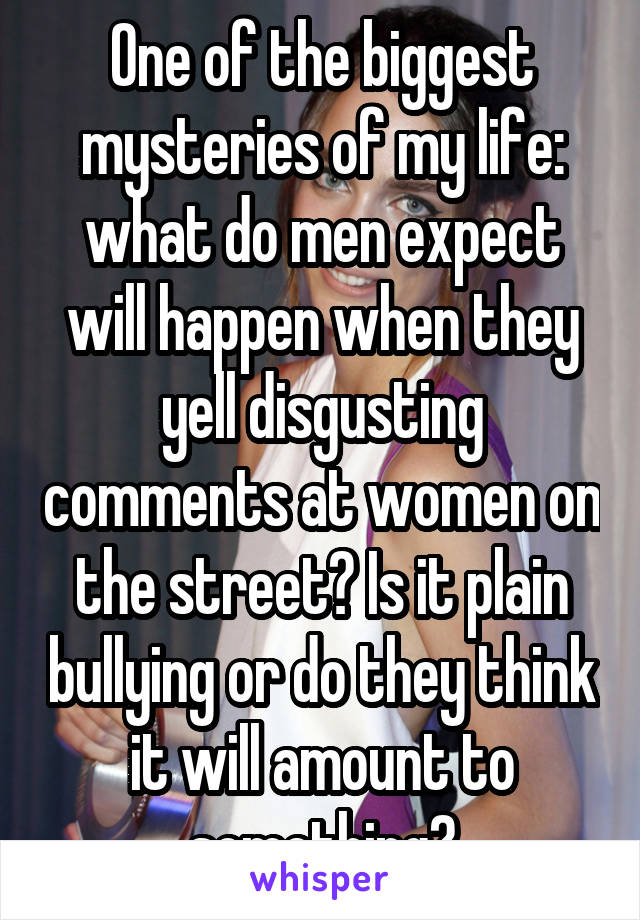 One of the biggest mysteries of my life: what do men expect will happen when they yell disgusting comments at women on the street? Is it plain bullying or do they think it will amount to something?
