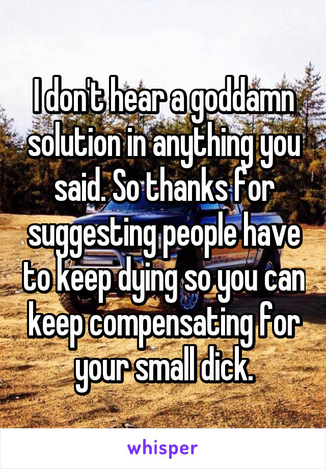 I don't hear a goddamn solution in anything you said. So thanks for suggesting people have to keep dying so you can keep compensating for your small dick.