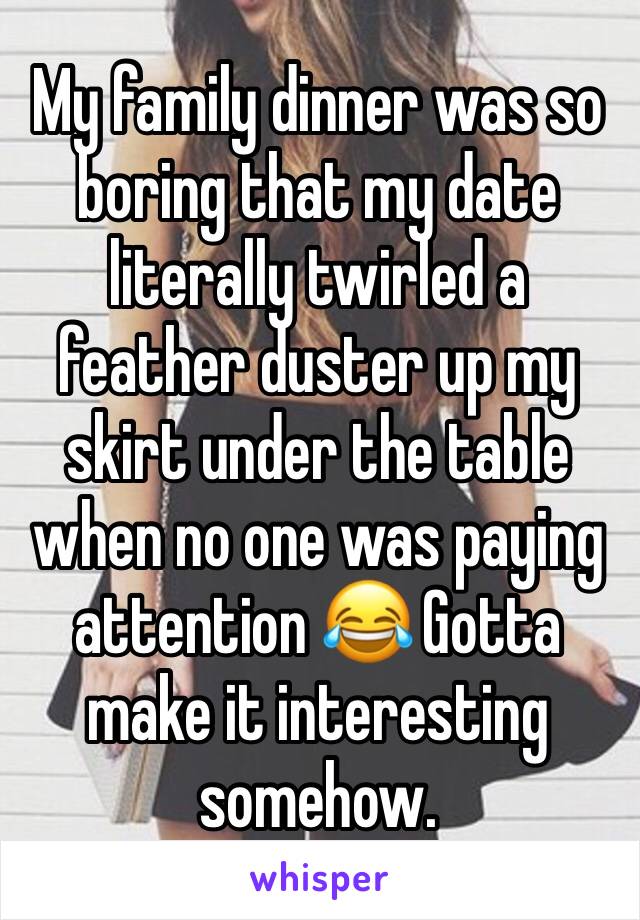 My family dinner was so boring that my date literally twirled a feather duster up my skirt under the table when no one was paying attention 😂 Gotta make it interesting somehow.