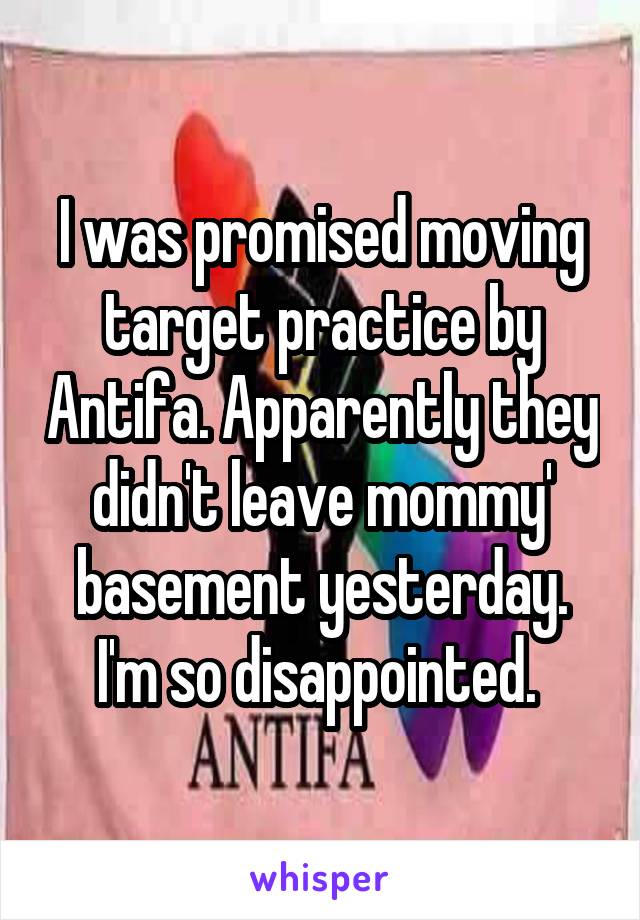 I was promised moving target practice by Antifa. Apparently they didn't leave mommy' basement yesterday. I'm so disappointed. 