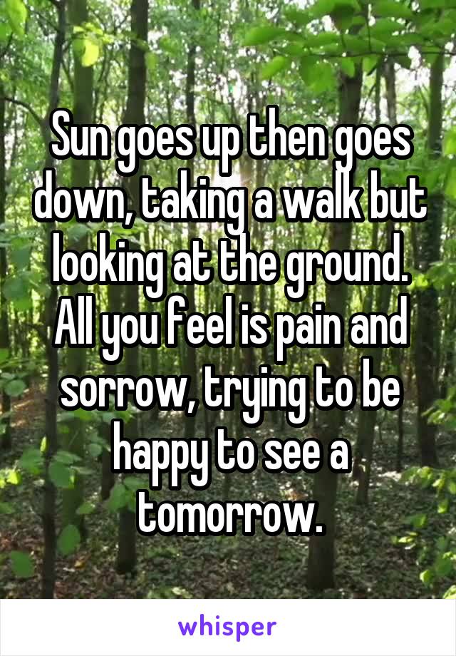 Sun goes up then goes down, taking a walk but looking at the ground. All you feel is pain and sorrow, trying to be happy to see a tomorrow.