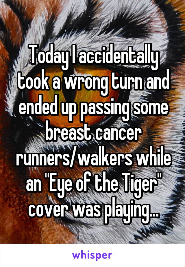 Today I accidentally took a wrong turn and ended up passing some breast cancer runners/walkers while an "Eye of the Tiger" cover was playing...