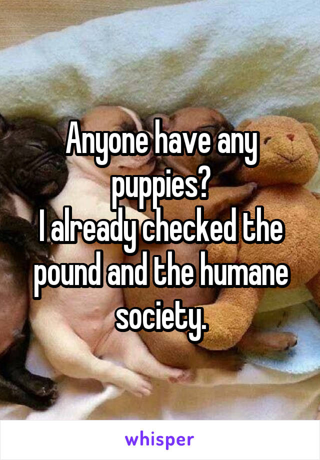 Anyone have any puppies?
I already checked the pound and the humane society.