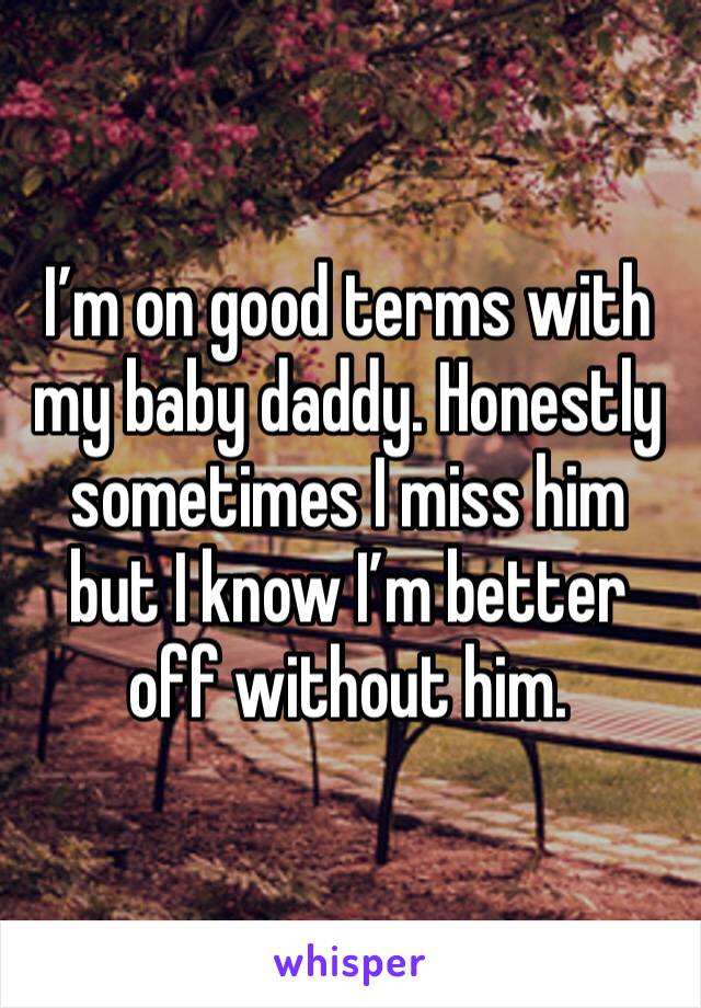 I’m on good terms with my baby daddy. Honestly sometimes I miss him but I know I’m better off without him.