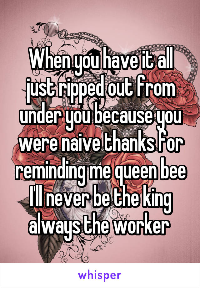 When you have it all just ripped out from under you because you were naive thanks for reminding me queen bee I'll never be the king always the worker 