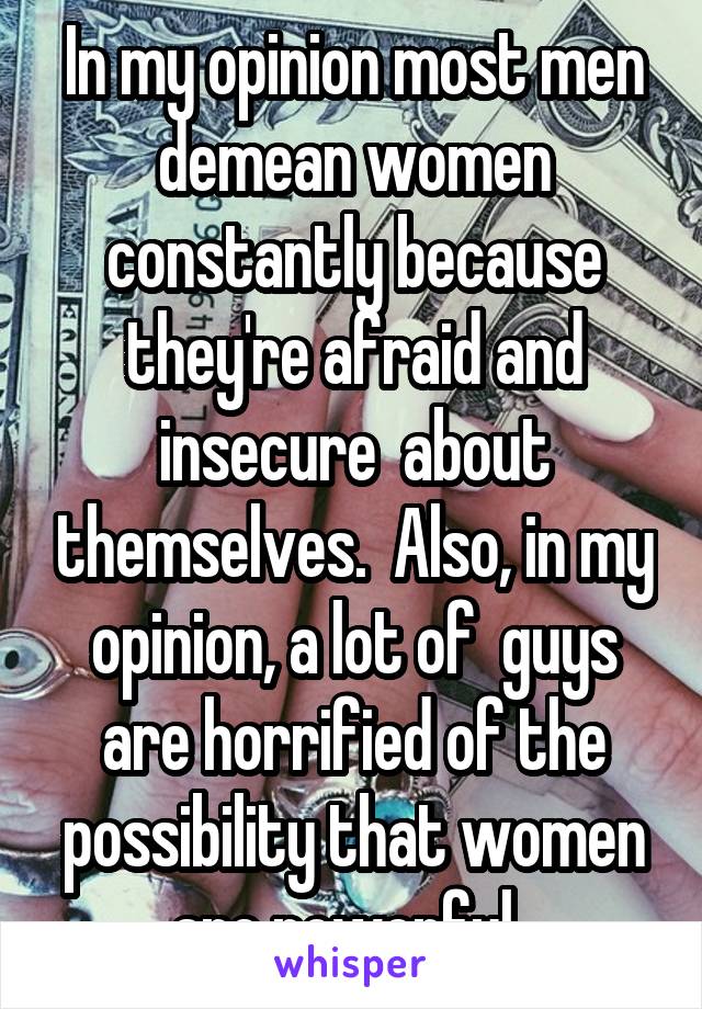 In my opinion most men demean women constantly because they're afraid and insecure  about themselves.  Also, in my opinion, a lot of  guys are horrified of the possibility that women are powerful. 