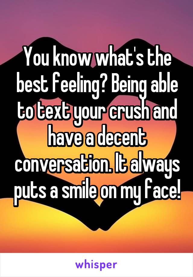 You know what's the best feeling? Being able to text your crush and have a decent conversation. It always puts a smile on my face! 