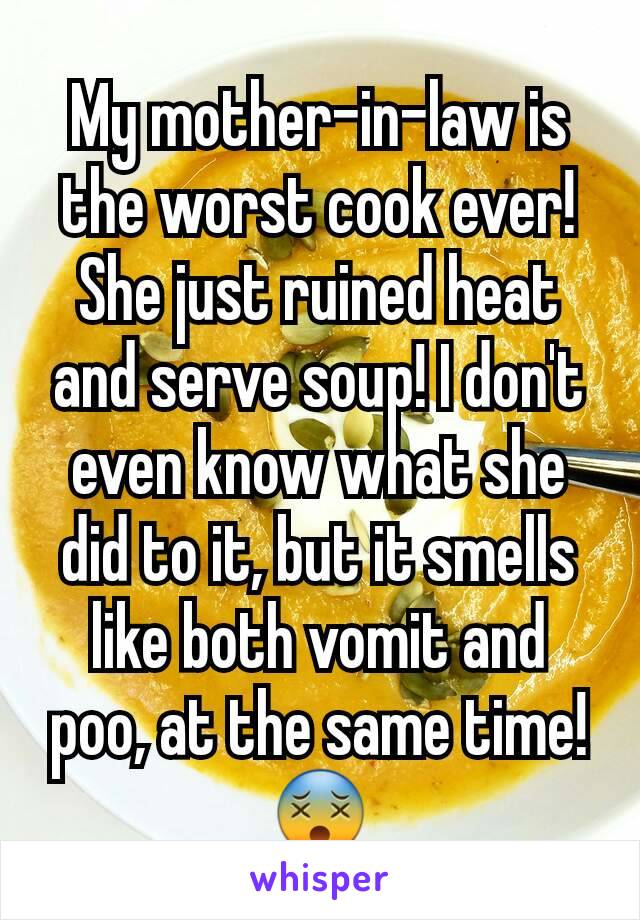 My mother-in-law is the worst cook ever! She just ruined heat and serve soup! I don't even know what she did to it, but it smells like both vomit and poo, at the same time! 😵