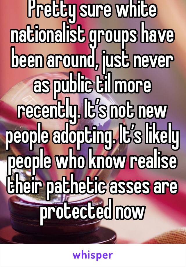 Pretty sure white nationalist groups have been around, just never as public til more recently. It’s not new people adopting. It’s likely people who know realise their pathetic asses are protected now