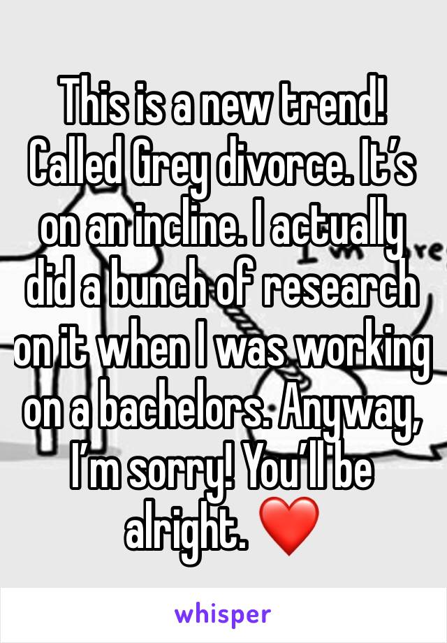 This is a new trend! Called Grey divorce. It’s on an incline. I actually did a bunch of research on it when I was working on a bachelors. Anyway, I’m sorry! You’ll be alright. ❤️
