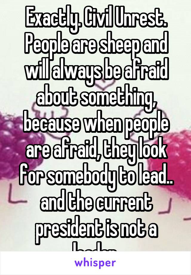 Exactly. Civil Unrest. People are sheep and will always be afraid about something, because when people are afraid, they look for somebody to lead.. and the current president is not a leader.