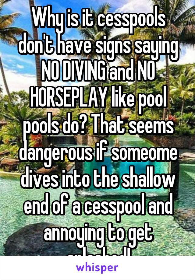 Why is it cesspools don't have signs saying NO DIVING and NO HORSEPLAY like pool pools do? That seems dangerous if someome dives into the shallow end of a cesspool and annoying to get splashed!