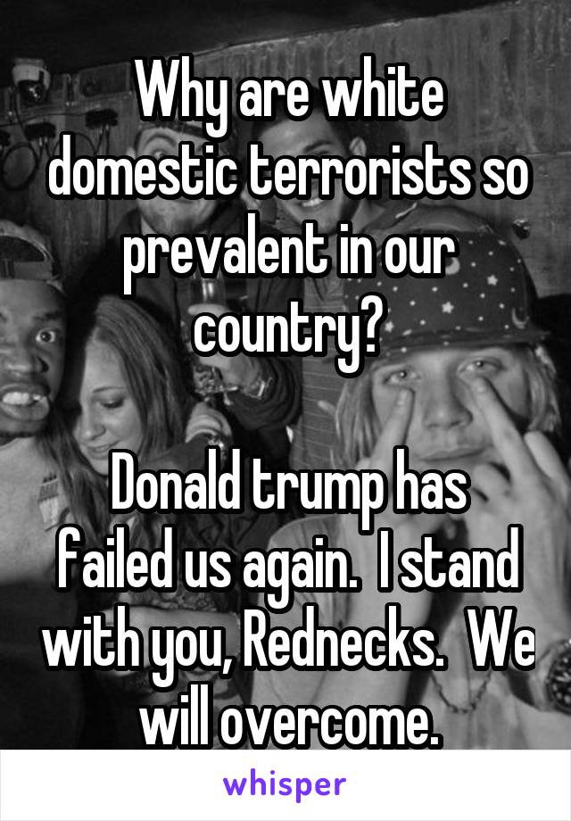 Why are white domestic terrorists so prevalent in our country?

Donald trump has failed us again.  I stand with you, Rednecks.  We will overcome.