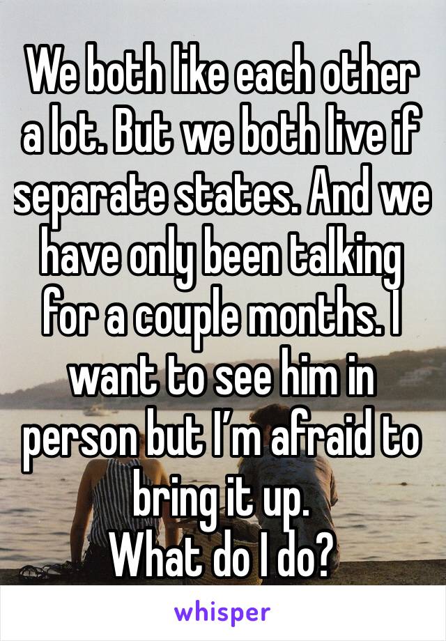 We both like each other a lot. But we both live if separate states. And we have only been talking for a couple months. I want to see him in person but I’m afraid to bring it up.
What do I do?