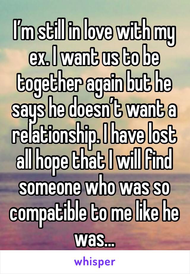 I’m still in love with my ex. I want us to be together again but he says he doesn’t want a relationship. I have lost all hope that I will find someone who was so compatible to me like he was...