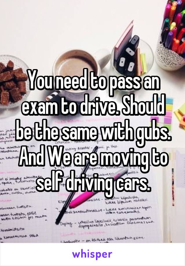 You need to pass an exam to drive. Should be the same with gubs. And We are moving to self driving cars.