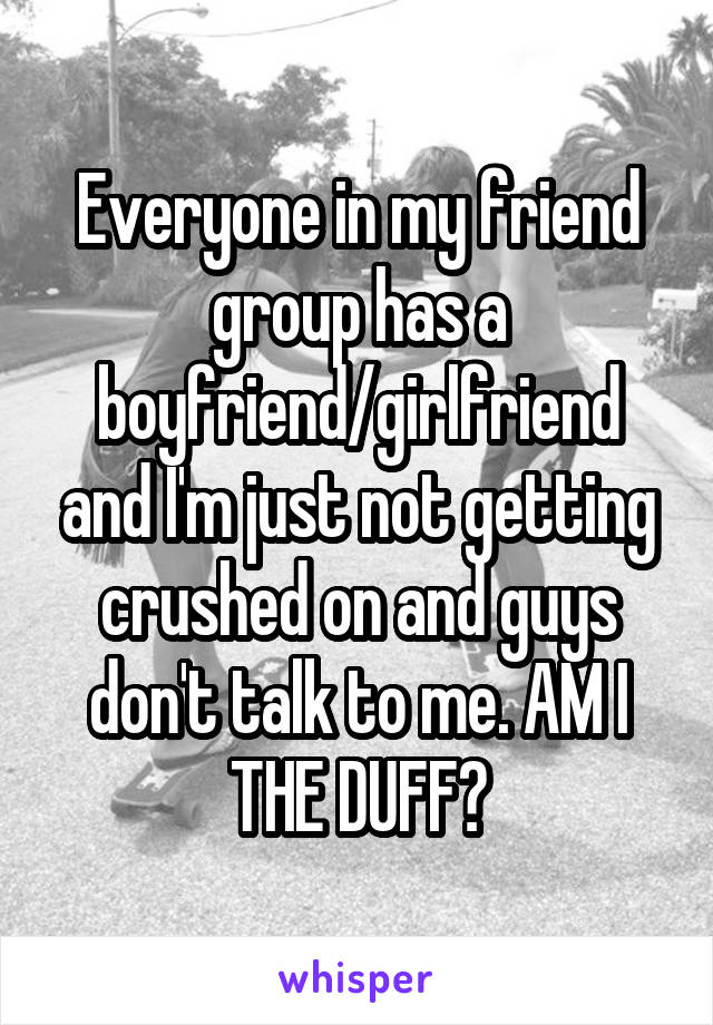 Everyone in my friend group has a boyfriend/girlfriend and I'm just not getting crushed on and guys don't talk to me. AM I THE DUFF?