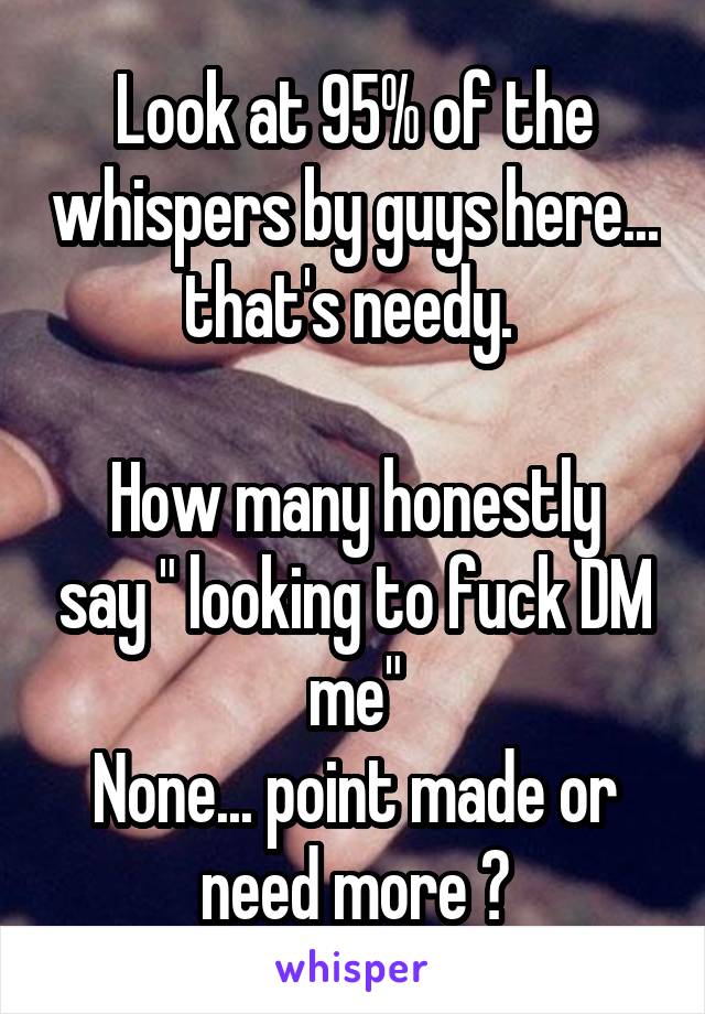 Look at 95% of the whispers by guys here... that's needy. 

How many honestly say " looking to fuck DM me"
None... point made or need more ?